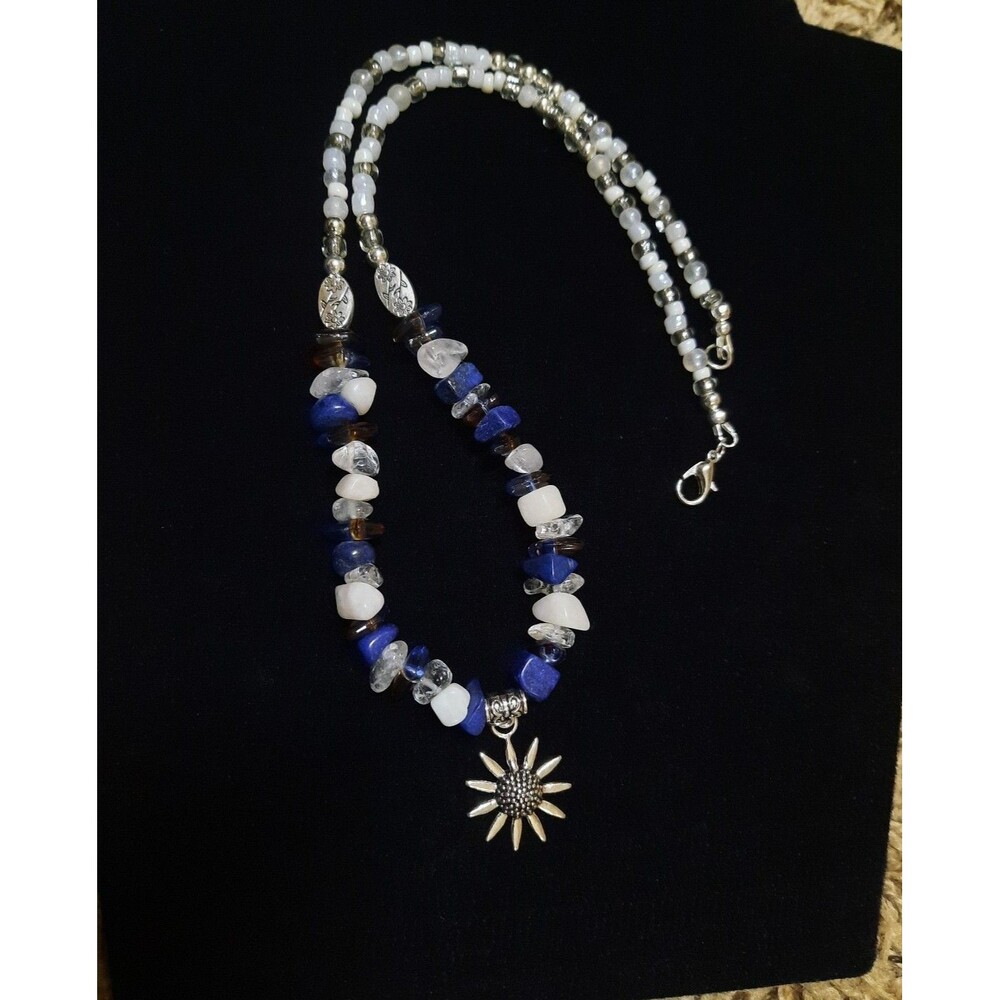 Handmade Lapis Lazuli and Clear Quartz Crystal Chip Gemstone Sun Charm Necklace